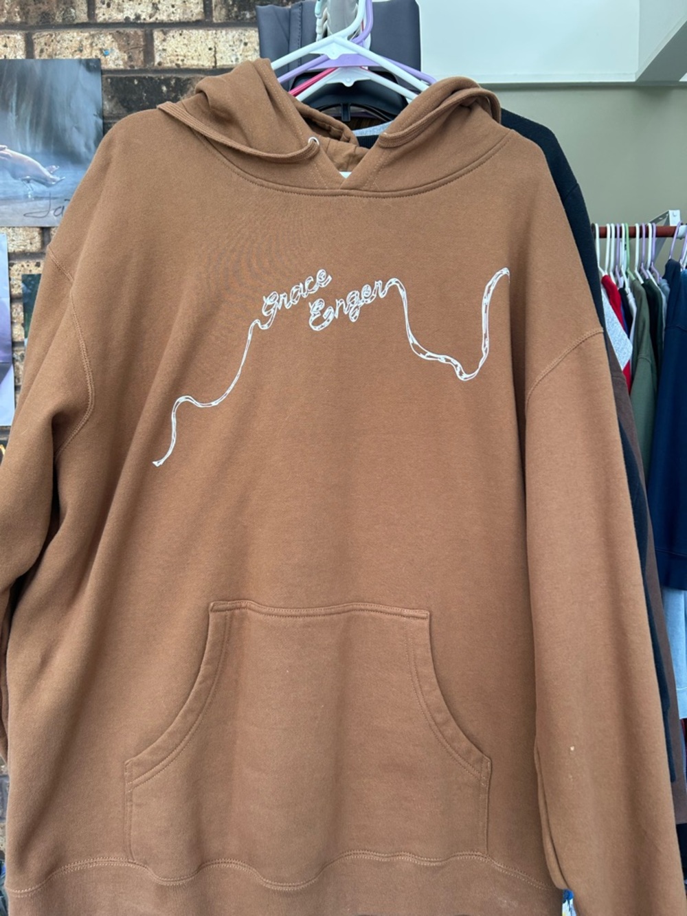 Grace Enger Brown Hooded Sweatshirt with Script Detail - Women’s Sweatshirt